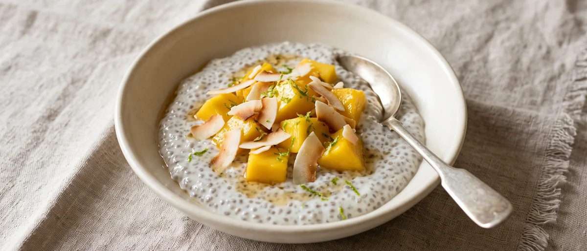 Coconut & Mango Chia Bowl - Chia pudding set in coconut milk under golden mango and toasted coconut