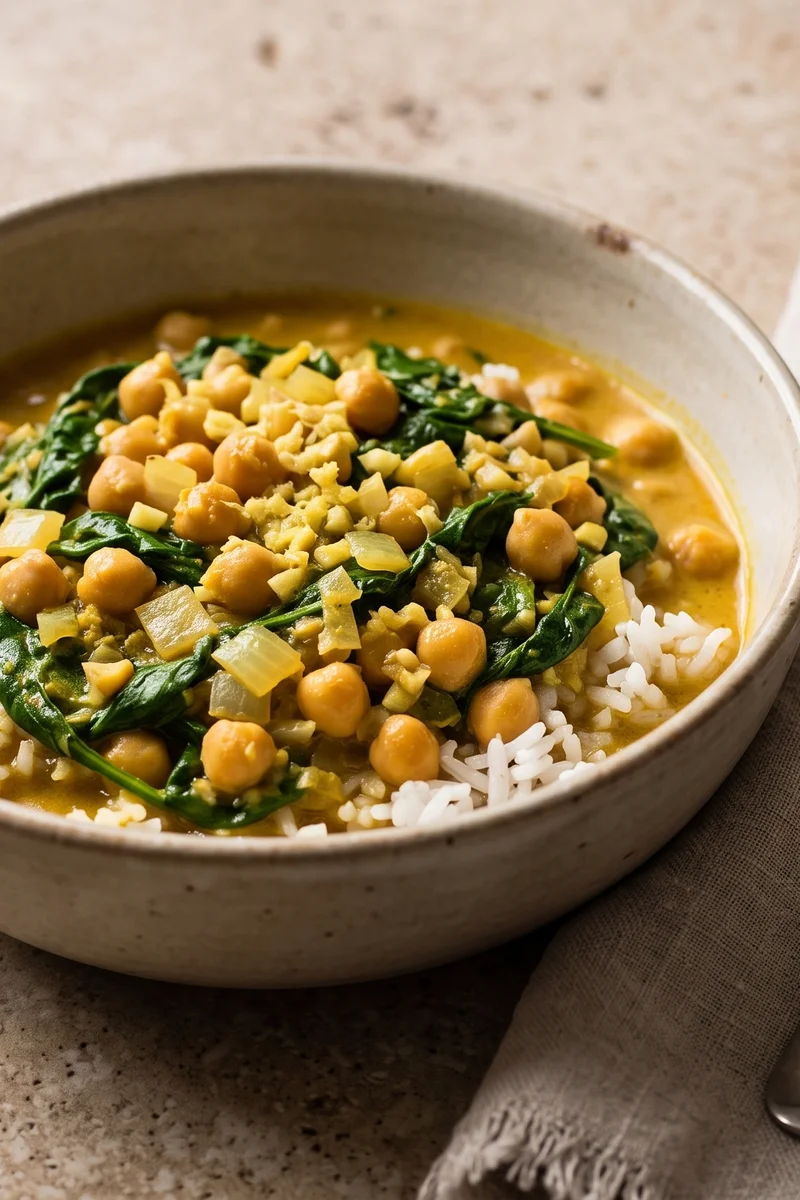 Coconut Chickpea & Spinach Curry with Jasmine Rice - The back-pocket coconut chickpea curry