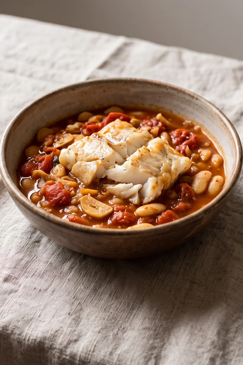 Cod & Chorizo-Free Bean Stew - Flaky cod poached on top of a smoky tomato and butter bean stew