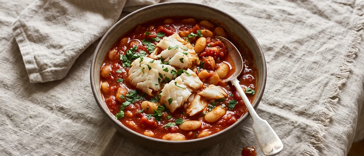 Cod & Chorizo-Free Bean Stew - Flaky cod poached on top of a smoky tomato and butter bean stew