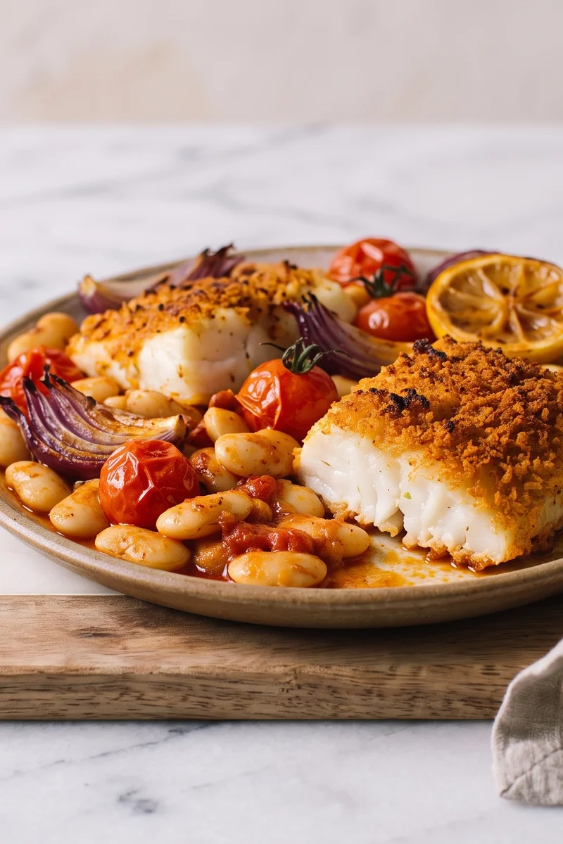 Cod, Chorizo-Spice & Butterbean Sheet-pan Bake - Cod roasted over paprika-spiced butter beans, tomatoes and lemon
