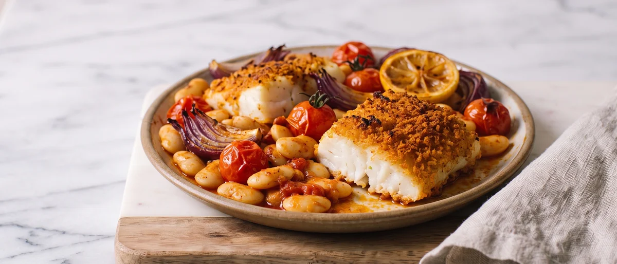 Cod, Chorizo-Spice & Butterbean Sheet-pan Bake - Cod roasted over paprika-spiced butter beans, tomatoes and lemon