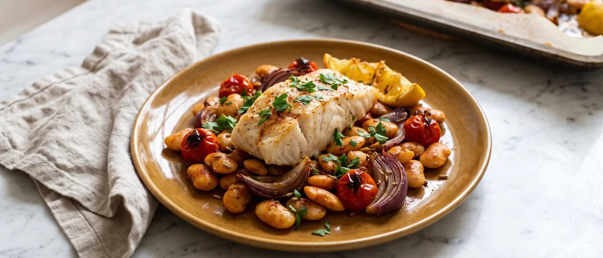 Cod, Chorizo-Spice & Butterbean Sheet-pan Bake - Cod roasted over paprika-spiced butter beans, tomatoes and lemon