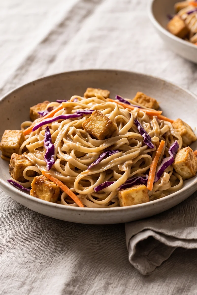 Cold Peanut Noodle Salad with Crispy Tofu - Cold rice noodles and crispy tofu in a lime-peanut dressing with cabbage and herbs