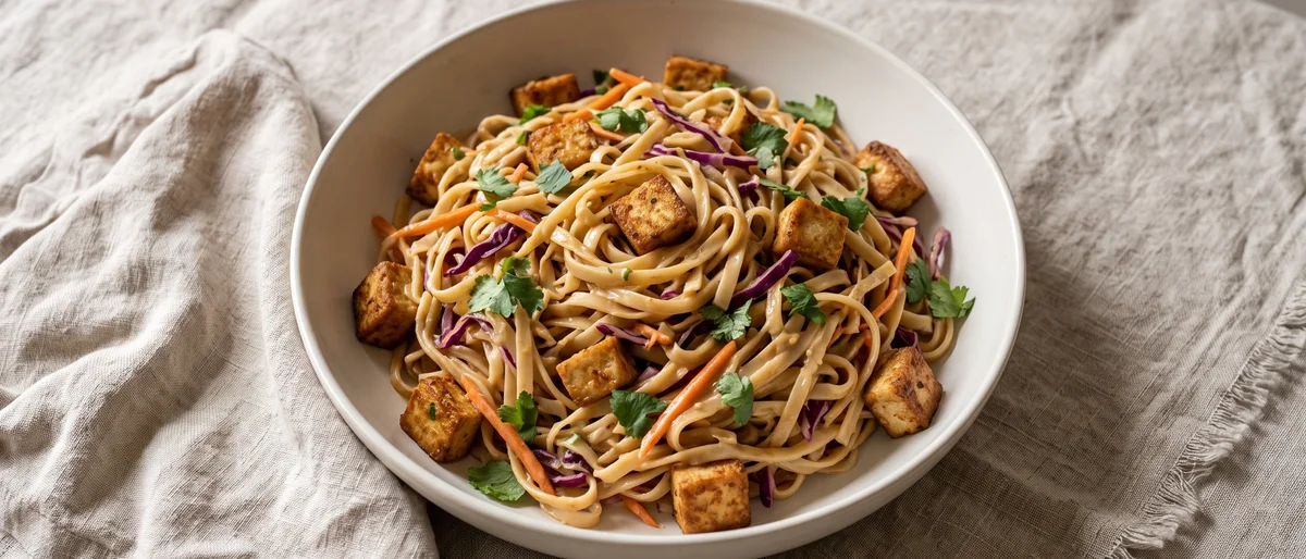 Cold Peanut Noodle Salad with Crispy Tofu - Cold rice noodles and crispy tofu in a lime-peanut dressing with cabbage and herbs