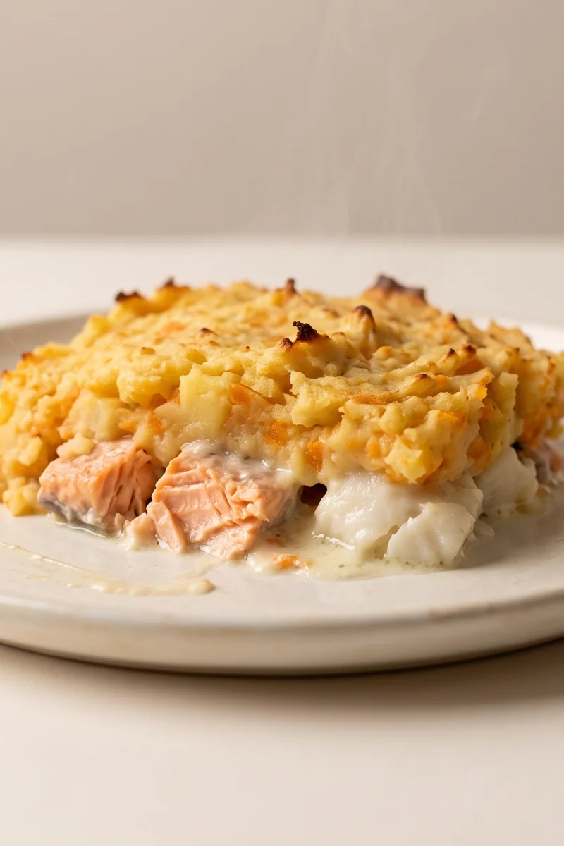 Comforting Fish Pie with Root Mash - Salmon and white fish under carrot-potato mash