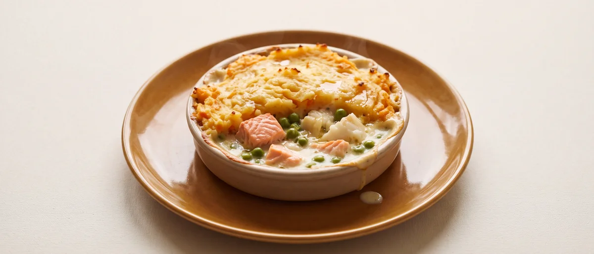 Comforting Fish Pie with Root Mash - Salmon and white fish under carrot-potato mash