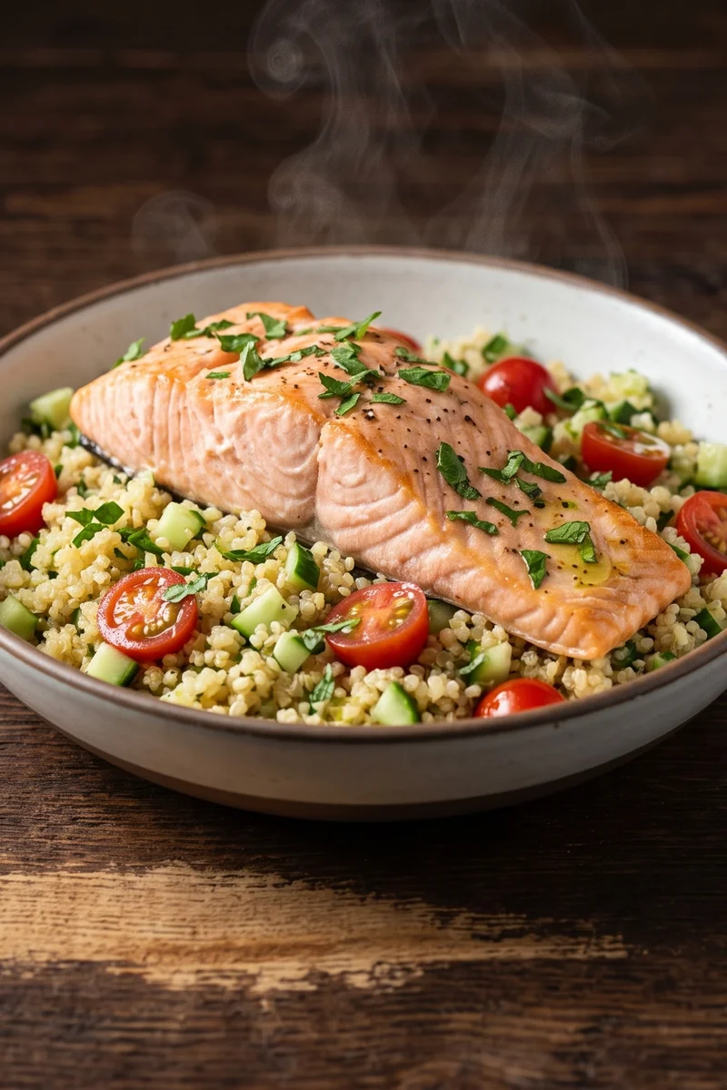 Cooked Salmon & Quinoa Grain Bowl - Roasted salmon over lemony quinoa with cucumber and herbs