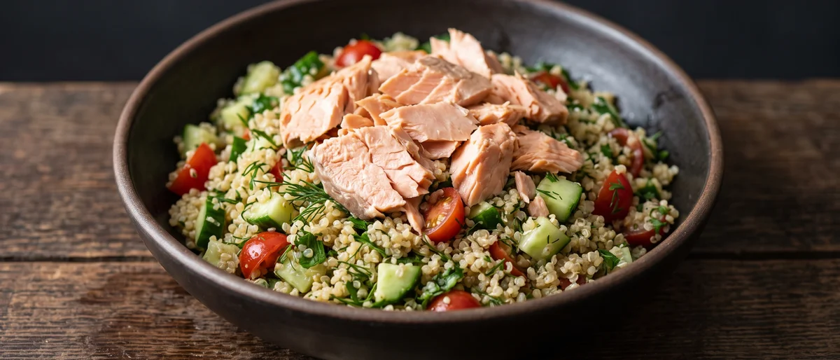 Cooked Salmon & Quinoa Grain Bowl - Roasted salmon over lemony quinoa with cucumber and herbs