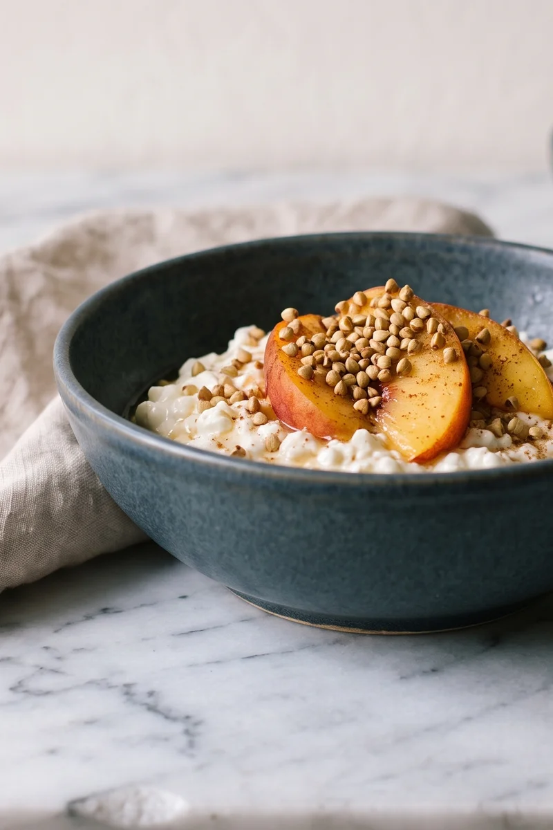 Cottage Cheese Bowl with Peach & Toasted Buckwheat - Creamy cottage cheese with ripe peach, honey and crunchy toasted buckwheat