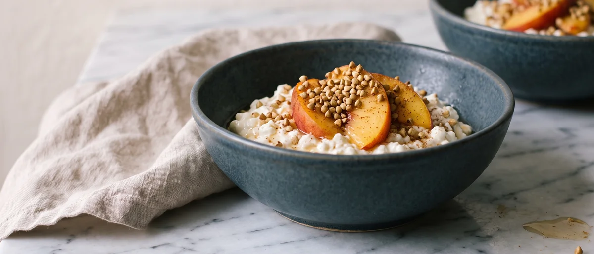 Cottage Cheese Bowl with Peach & Toasted Buckwheat - Creamy cottage cheese with ripe peach, honey and crunchy toasted buckwheat
