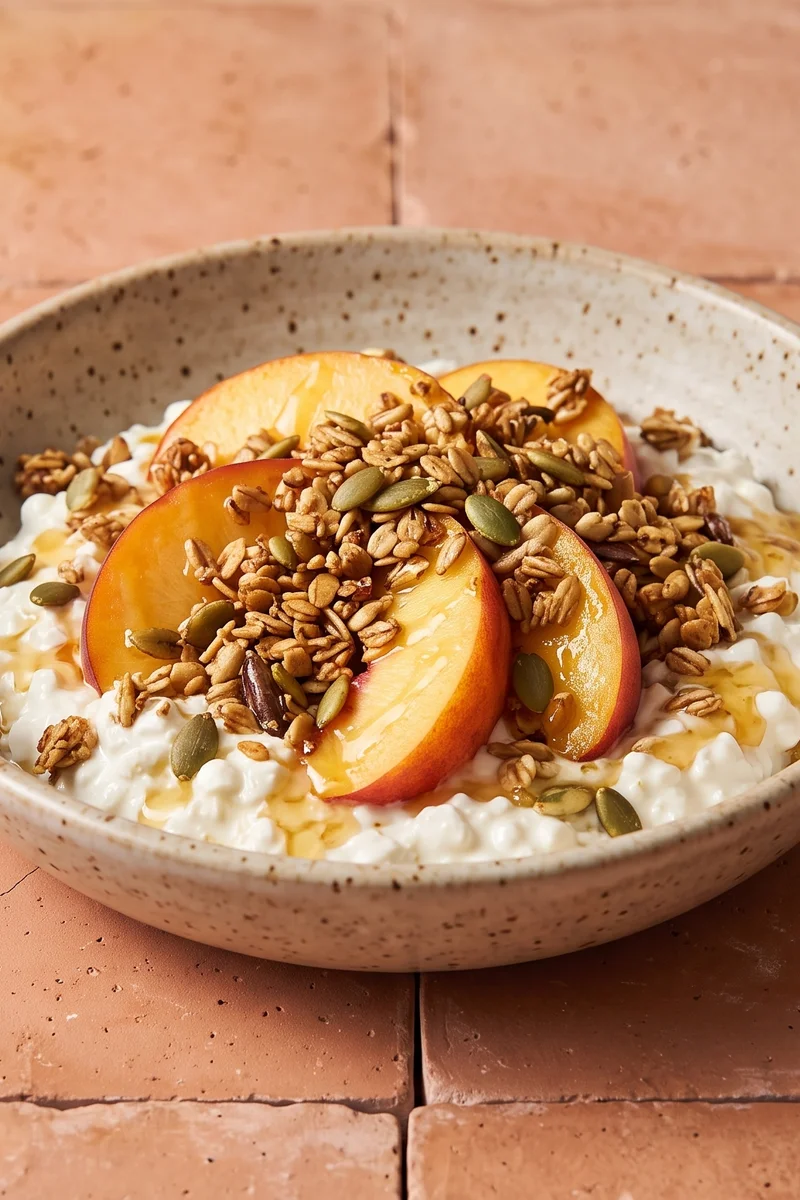 Cottage Cheese Power Bowl with Peaches & Granola - Cottage cheese under juicy peaches, granola and honey