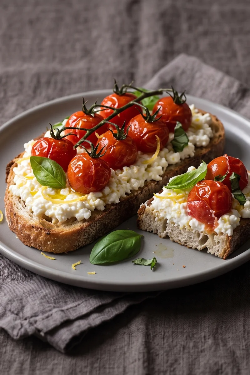 Cottage Cheese Toast with Roasted Tomatoes & Basil - Slow-roasted tomatoes over lemony cottage cheese on sourdough