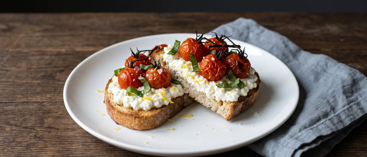 Cottage Cheese Toast with Roasted Tomatoes & Basil - Slow-roasted tomatoes over lemony cottage cheese on sourdough