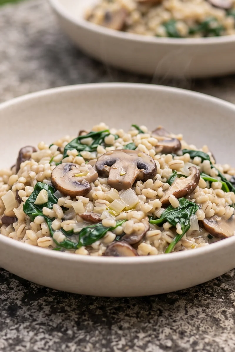 Creamy Mushroom & Spinach Barley Risotto - Pearl barley does risotto without the constant stirring