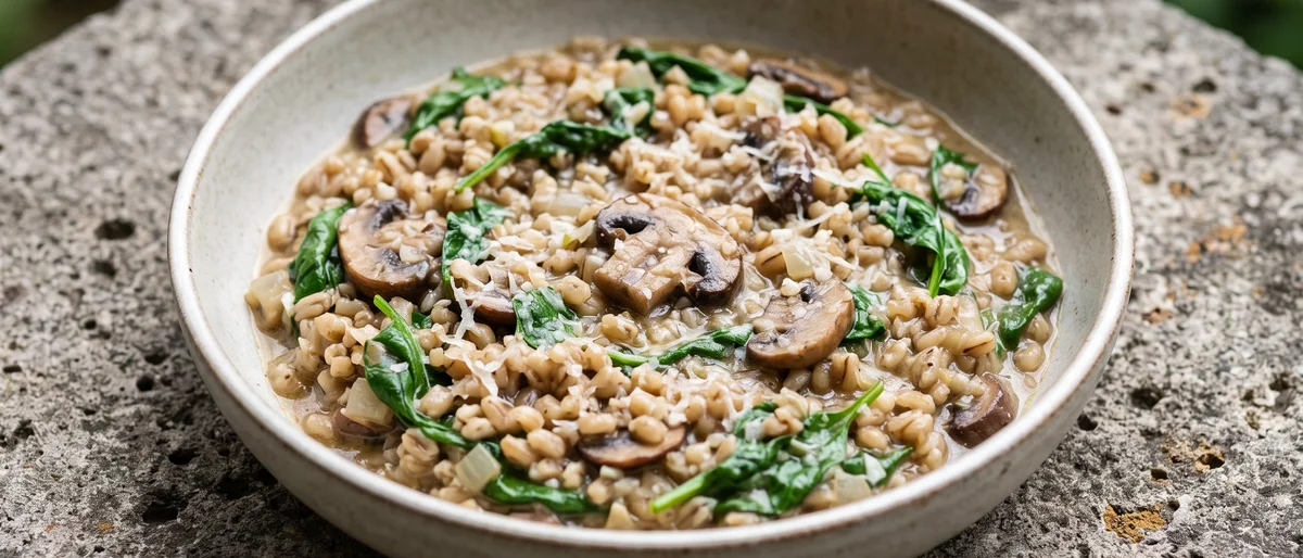 Creamy Mushroom & Spinach Barley Risotto - Pearl barley does risotto without the constant stirring