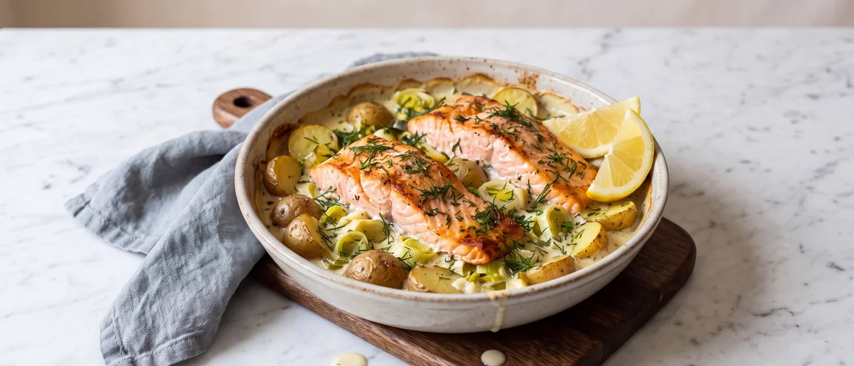 Creamy Salmon, Leek & Potato Bake - Salmon roasted over creamy leeks and potatoes in one dish