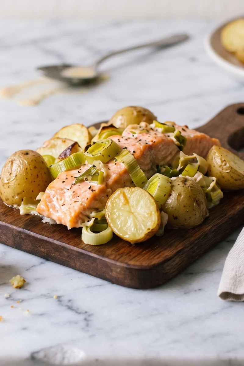 Creamy Salmon, Leek & Potato Sheet-pan Bake - Salmon roasted over creamy leeks and potatoes in one dish