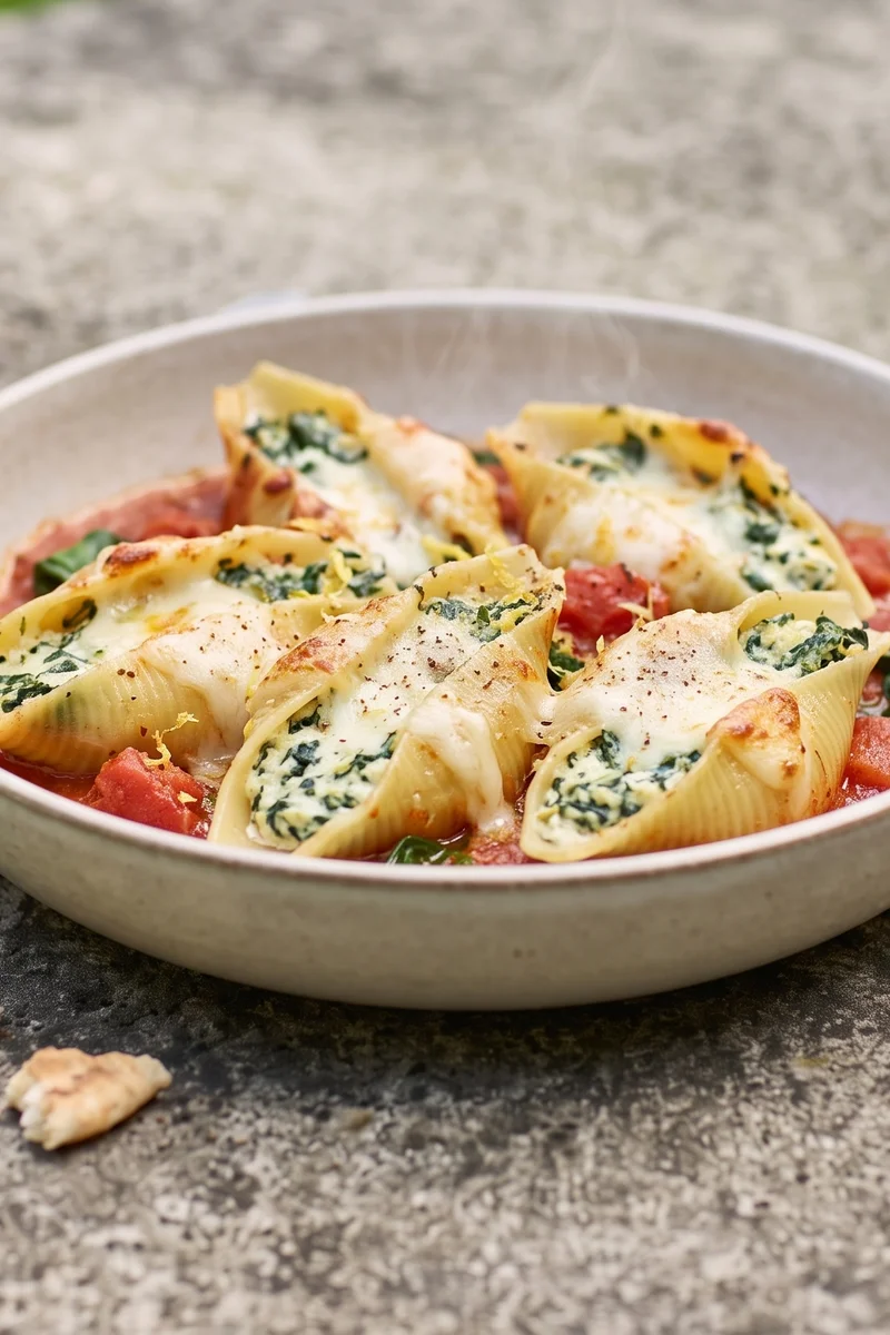 Creamy Spinach & Ricotta Stuffed Pasta Shells - Giant pasta shells filled with lemony spinach-ricotta, baked in tomato sauce under mozzarella