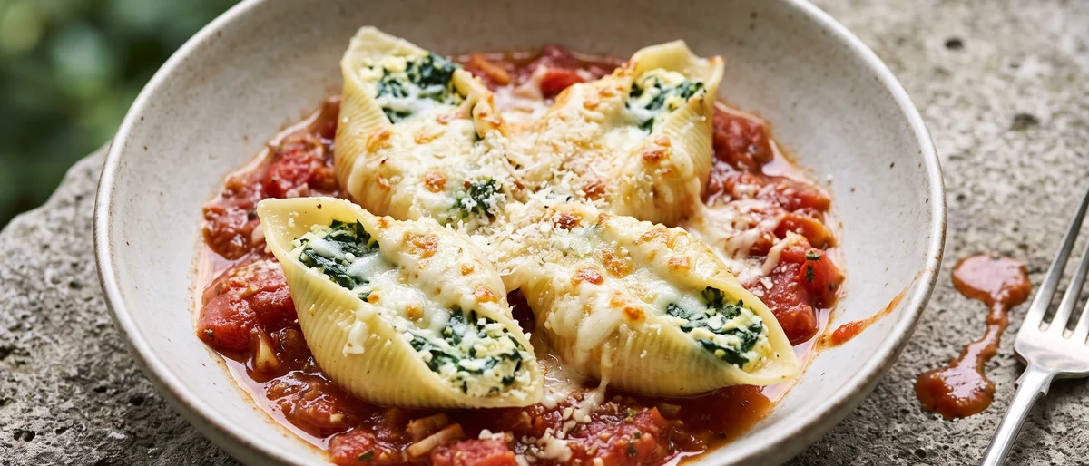 Creamy Spinach & Ricotta Stuffed Pasta Shells - Giant pasta shells filled with lemony spinach-ricotta, baked in tomato sauce under mozzarella