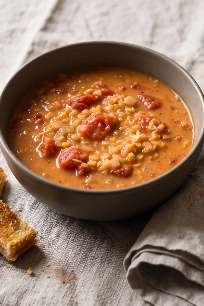 Creamy Tomato & Red Lentil Soup with Grilled Cheese Dippers - Velvety tomato soup thickened with red lentils, plus grilled-cheese soldiers for dunking