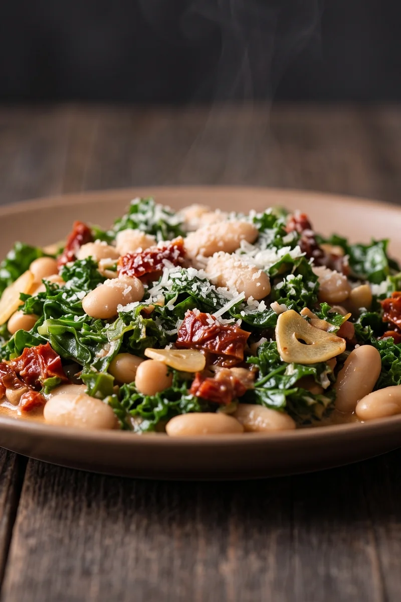 Creamy Tuscan White Bean & Kale Skillet - White beans and kale in a garlicky sun-dried tomato cream, finished with Parmesan
