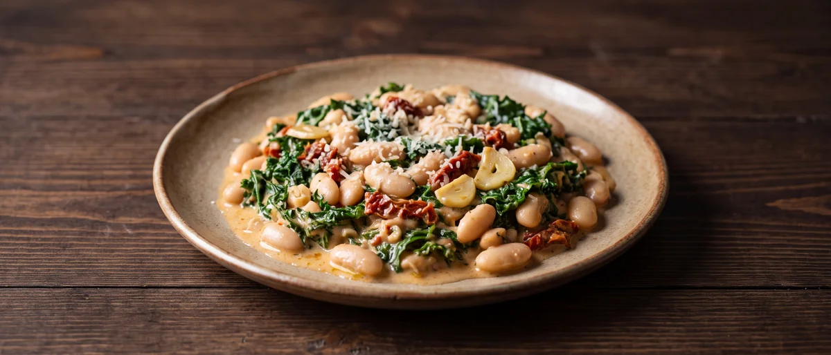 Creamy Tuscan White Bean & Kale Skillet - White beans and kale in a garlicky sun-dried tomato cream, finished with Parmesan