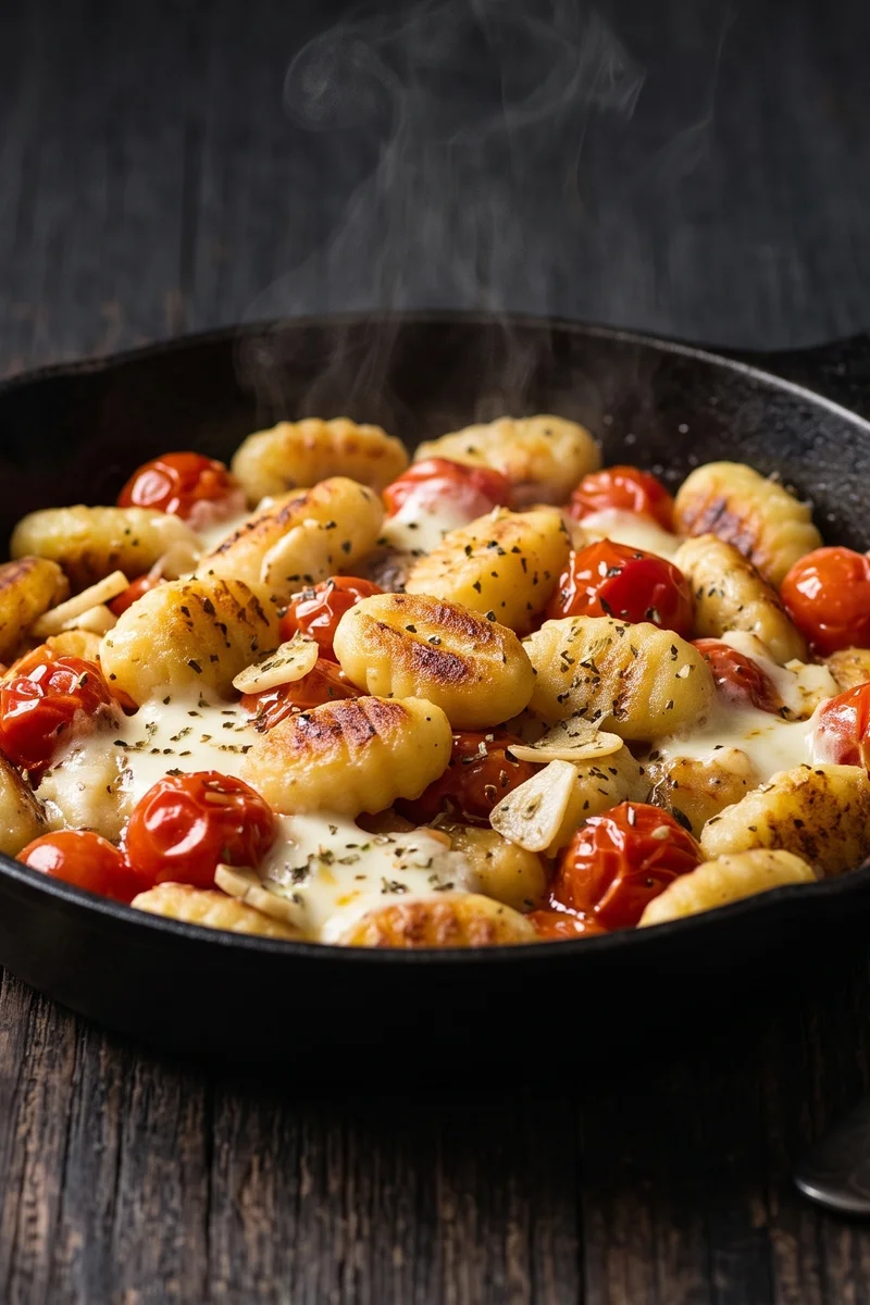 Crispy Gnocchi, Tomato & Mozzarella Pan - Pan-crisped gnocchi with burst cherry tomatoes and molten mozzarella pockets