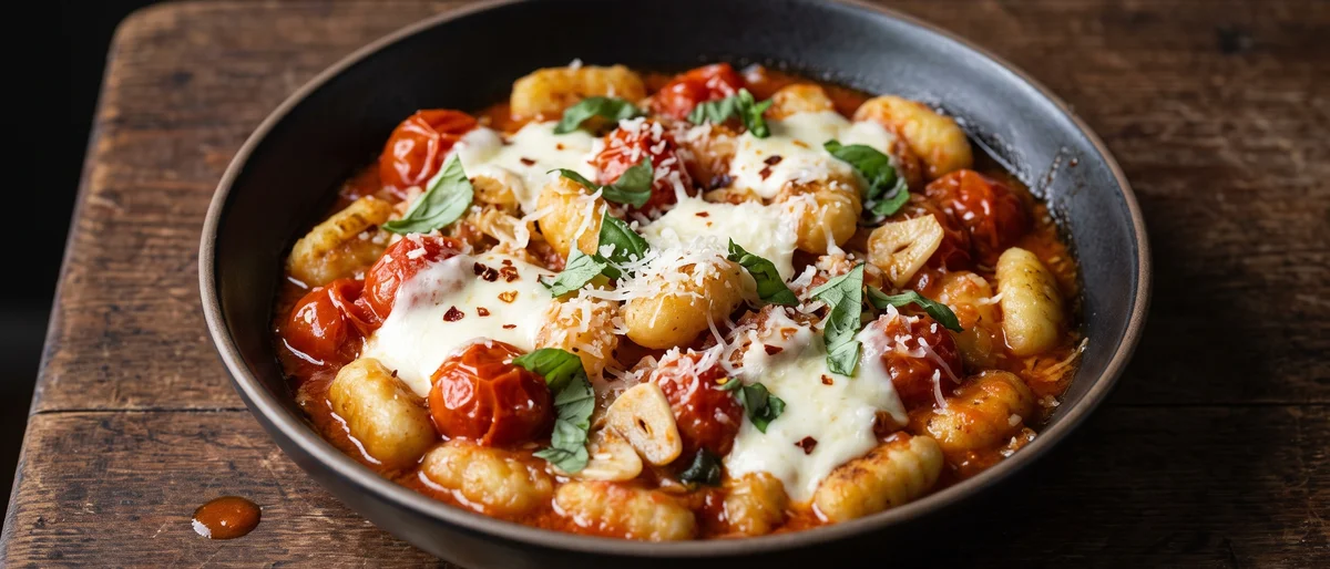 Crispy Gnocchi, Tomato & Mozzarella Pan - Pan-crisped gnocchi with burst cherry tomatoes and molten mozzarella pockets