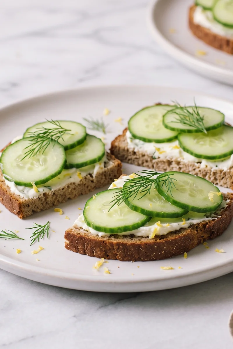 Cucumber & Cream Cheese Rye Rounds - Rye rounds with lemony cream cheese, cool cucumber and dill