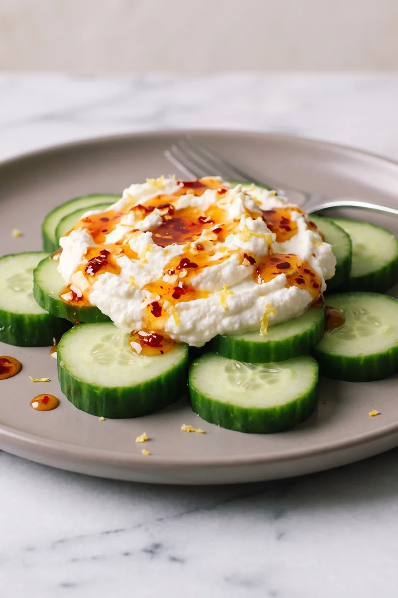 Cucumber Rounds with Whipped Ricotta & Hot Honey - Cool cucumber coins piled with lemony whipped ricotta and a chili-honey drizzle
