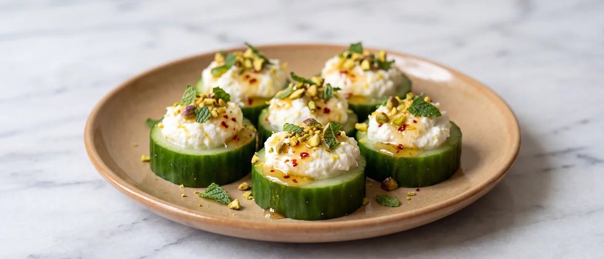 Cucumber Rounds with Whipped Ricotta & Hot Honey - Cool cucumber coins piled with lemony whipped ricotta and a chili-honey drizzle