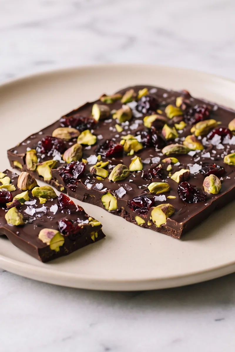 Dark Chocolate & Pistachio Bark with Sea Salt - Snappy dark chocolate bark studded with pistachios, dried cherries and sea salt