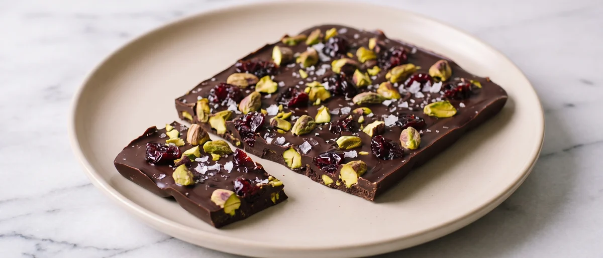 Dark Chocolate & Pistachio Bark with Sea Salt - Snappy dark chocolate bark studded with pistachios, dried cherries and sea salt