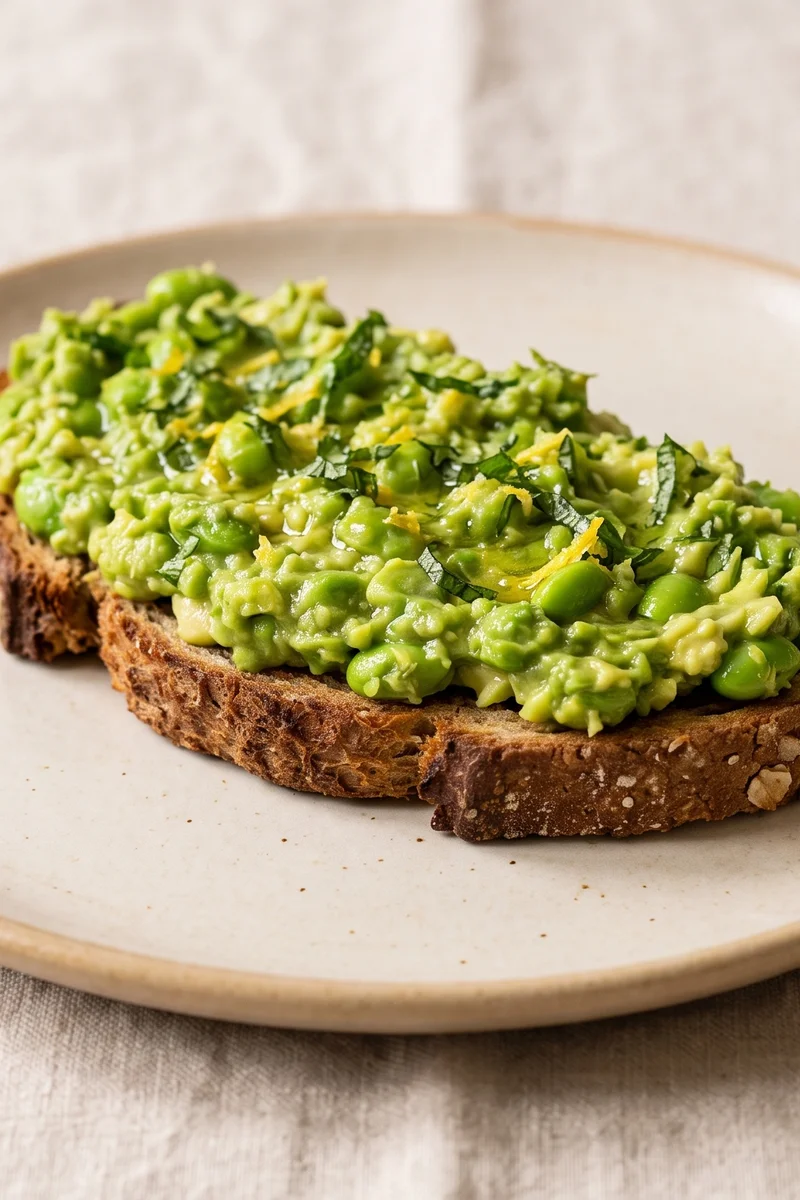 Edamame & Avocado Smash on Rye - Bright green edamame crushed with avocado, lemon and mint on dark rye