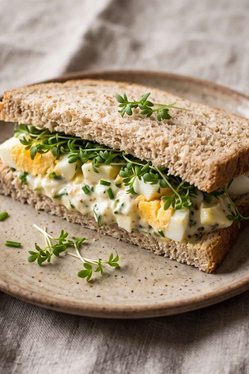 Egg & Cress-Style Sandwich with Yogurt Mayo - The nostalgic egg sandwich rebuilt on yogurt-mustard dressing with peppery cress and soft wholegrain bread
