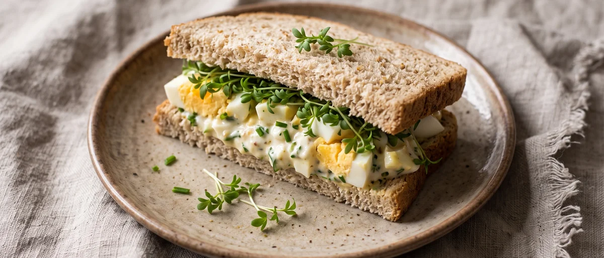 Egg & Cress-Style Sandwich with Yogurt Mayo - The nostalgic egg sandwich rebuilt on yogurt-mustard dressing with peppery cress and soft whole-grain bread