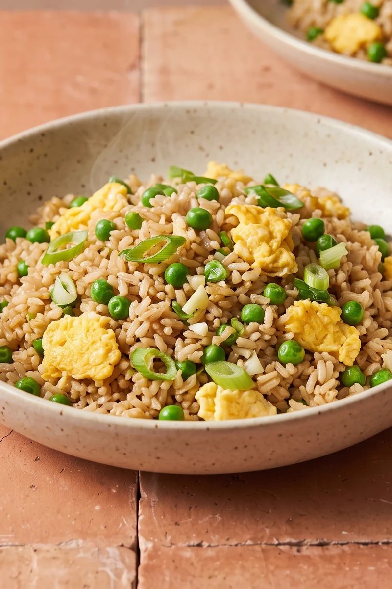 Egg-Fried Brown Rice with Peas & Greens - The leftovers rescue