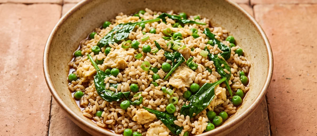Egg-Fried Brown Rice with Peas & Greens - The leftovers rescue