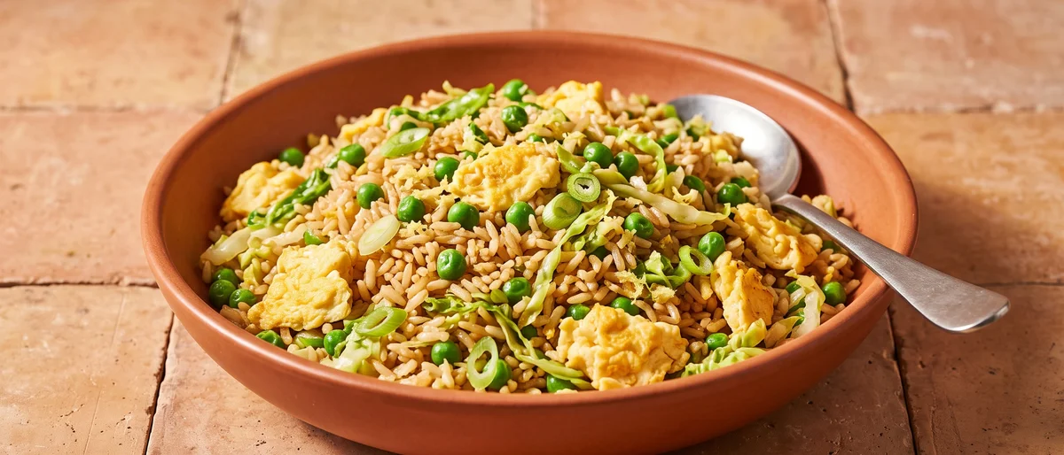 Egg-Fried Rice with Peas & Spring Greens - Proper egg-fried rice from yesterday's rice with peas, greens and sesame
