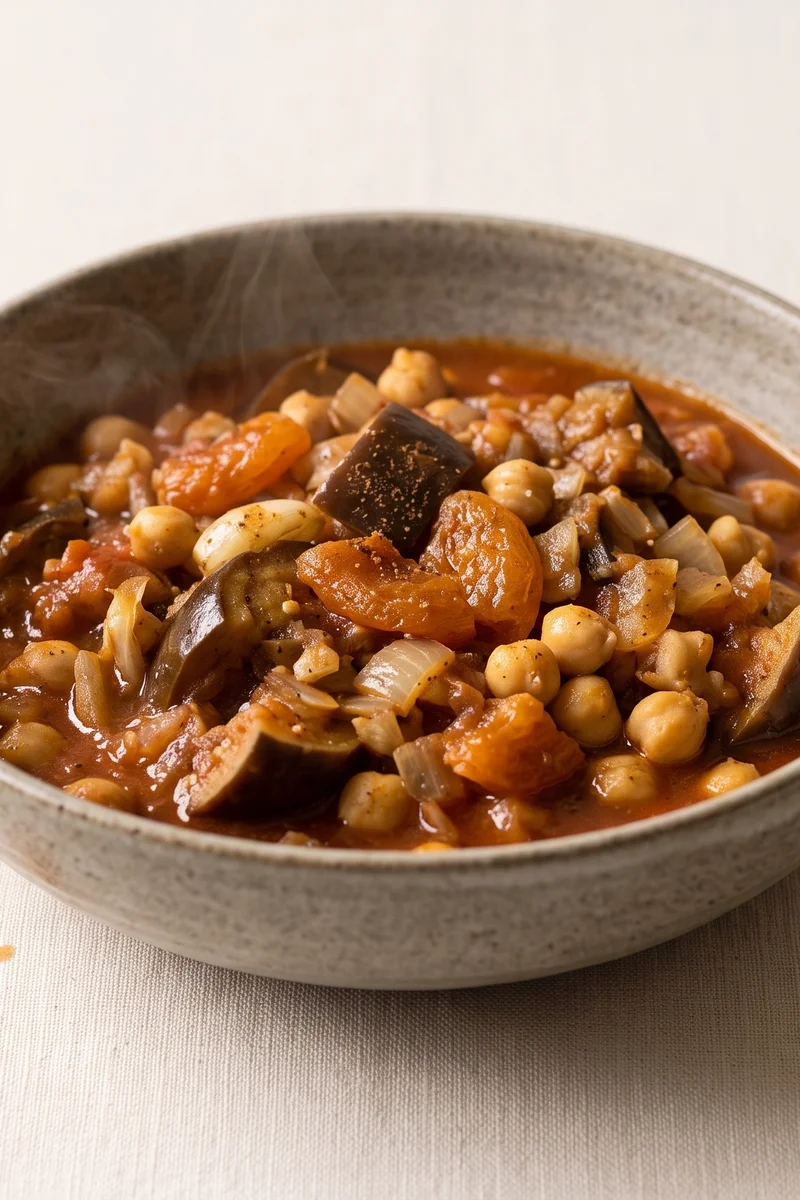 Eggplant & Chickpea Tagine-Style Stew - Soft eggplant and chickpeas in a cinnamon-spiked tomato stew with apricots