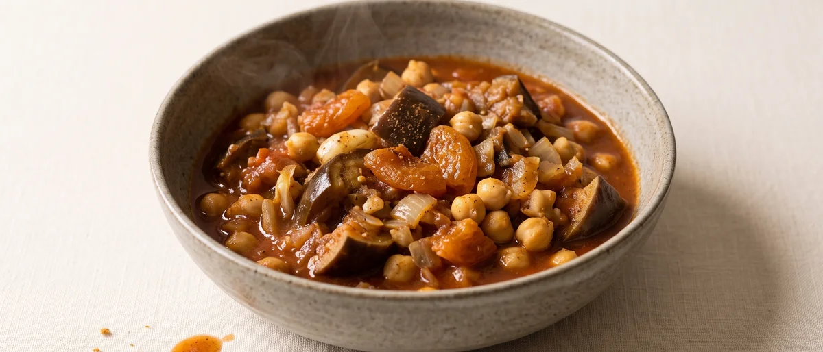 Eggplant & Chickpea Tagine-Style Stew - Soft eggplant and chickpeas in a cinnamon-spiked tomato stew with apricots
