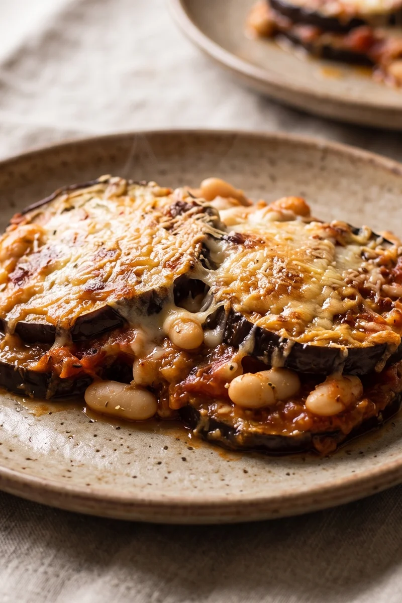 Eggplant Parmigiana with White Beans - Roasted eggplant layered with tomato sauce, mozzarella and Parmesan, with white beans folded in for substance
