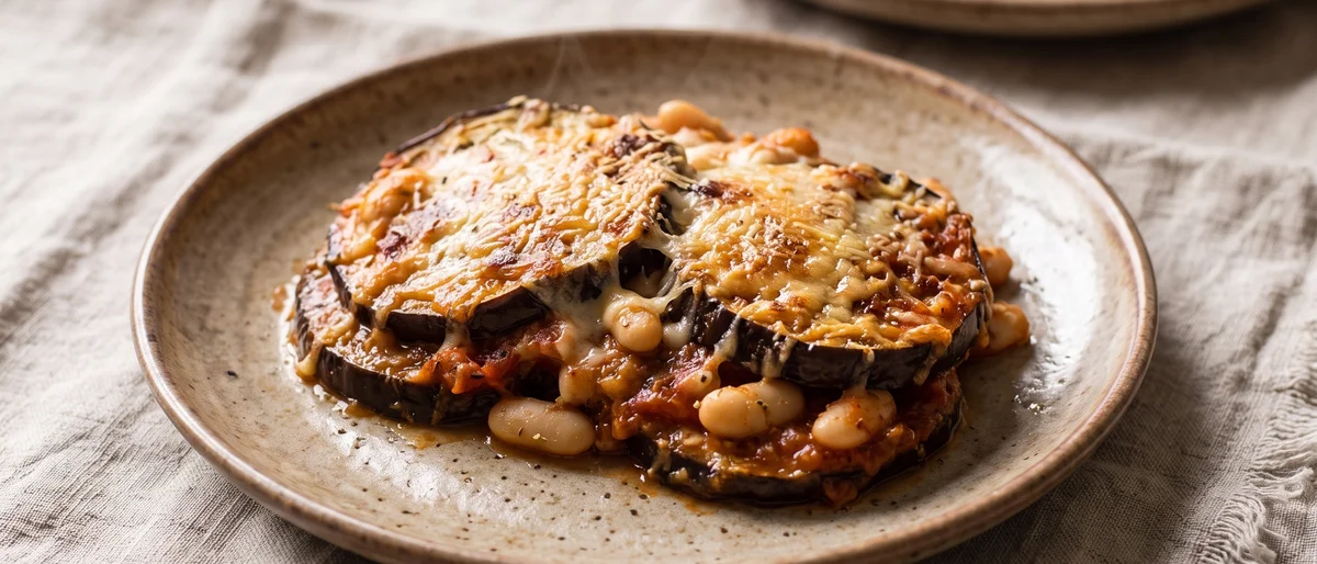 Eggplant Parmigiana with White Beans - Roasted eggplant layered with tomato sauce, mozzarella and Parmesan, with white beans folded in for substance