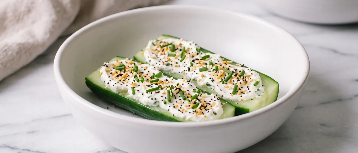 Everything Bagel Cream Cheese Cucumber Boats - Cucumber halves loaded with chive cream cheese and everything-bagel seeds