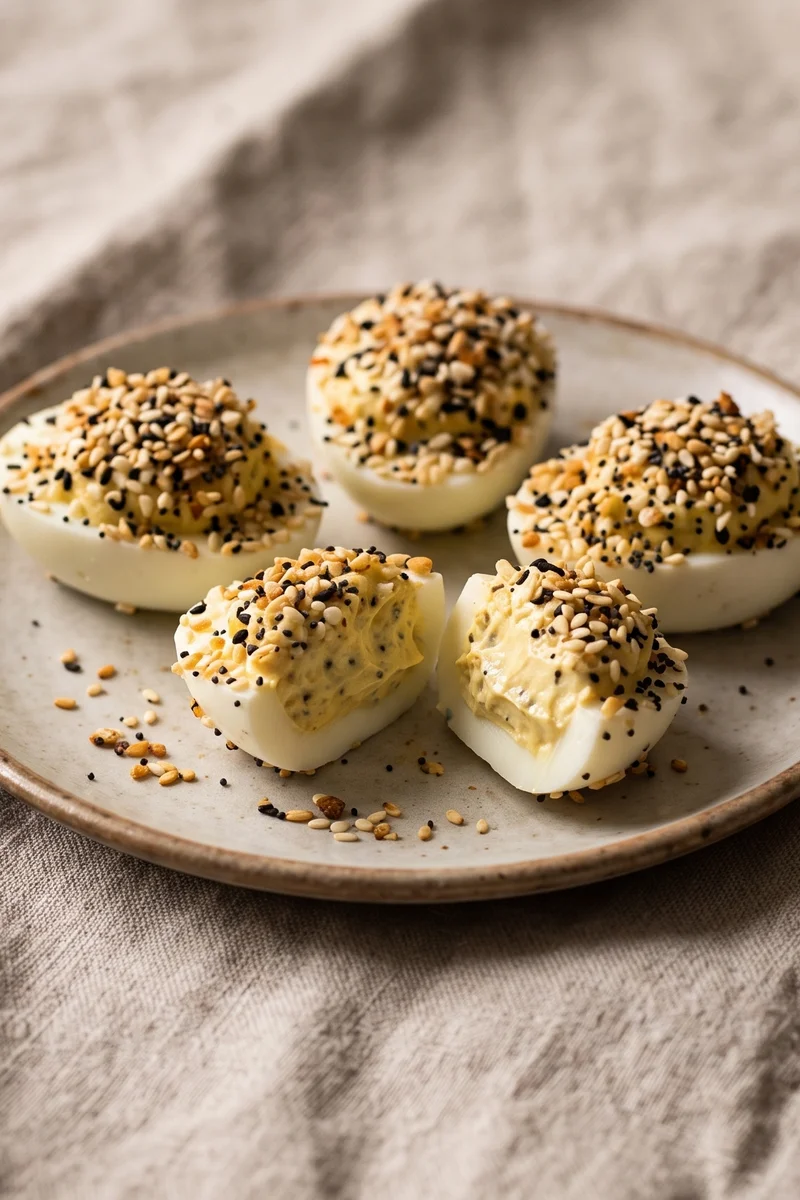 Everything-Bagel Deviled Eggs - Fully-cooked deviled eggs with Greek yogurt filling and an everything-bagel seed crust