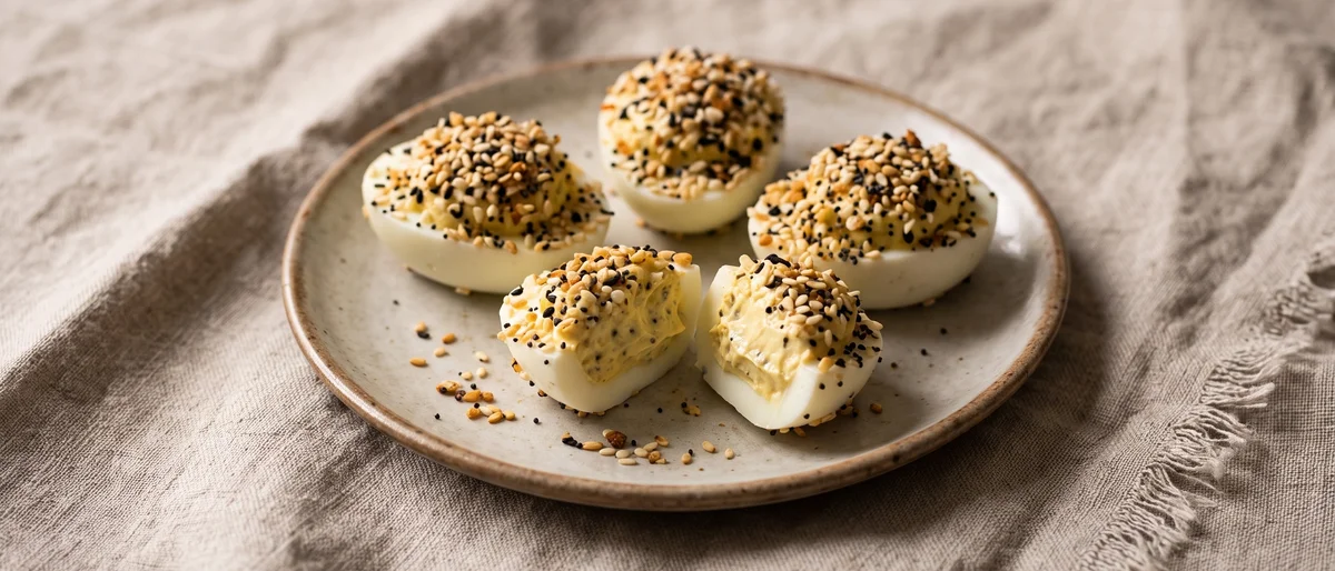 Everything-Bagel Deviled Eggs - Fully-cooked deviled eggs with Greek yogurt filling and an everything-bagel seed crust