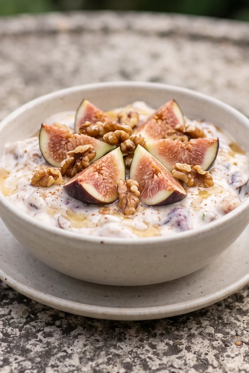 Fig, Walnut & Honey Yogurt Bowl - Thick yogurt with fresh figs, toasted walnuts and a thread of honey
