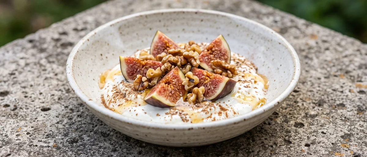 Fig, Walnut & Honey Yogurt Bowl - Thick yogurt with fresh figs, toasted walnuts and a thread of honey