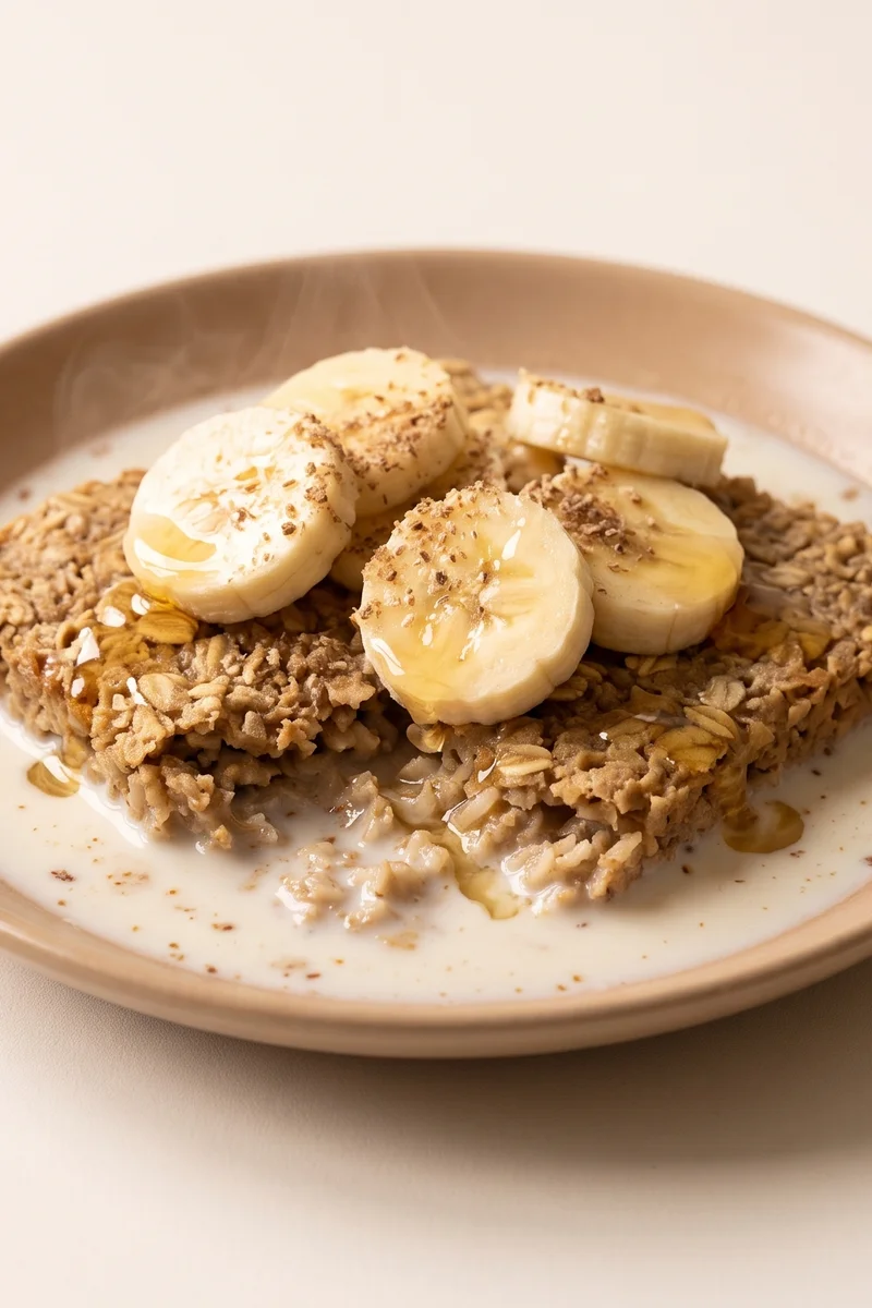 Fortified Weetabix-Style Wheat Biscuits with Warm Milk & Banana - Fortified wheat biscuits softened in warm milk with sliced banana